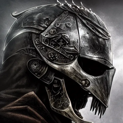 Image similar to crow skull knight helmet, headshot, closeup, side elevation, grimdark, fantasy, trench crusade, terrifying, dark, fog, atmospheric cold lighting, dark souls, hyperrealistic, art by mike franchina