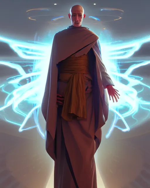 Image similar to a robot monk wearing a flowing cloak, vaporwave aesthetic, 3 d render, octane, zbrush, painting, artstation, concept art, smooth, sharp focus, illustration, art by artgerm and greg rutkowski and alphonse mucha