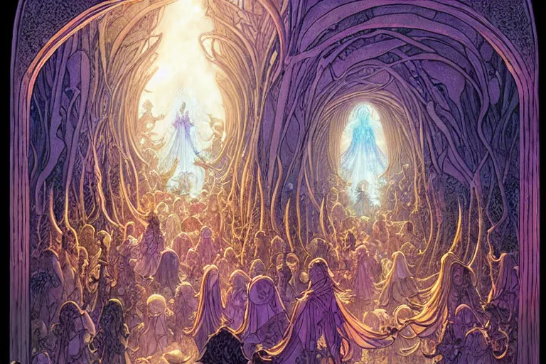 Prompt: a delicate mtg illustration by rebecca charles vess and rebecca guay of a large group of people entering the glowing doorway of a massive vulva - shaped temple constructed of carved iridescent pearls and house - sized crystals of smooth and organic architecture floating in the astral plane