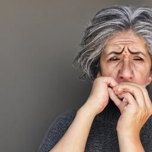 Image similar to astonished and angry middle aged lady looking at smartphone, wild hair, greek ethnicity, straight grey hair, angry eyes, photo, realistic, outdoor lighting, 4 k, 8 k, hd, 3 9 mm lens