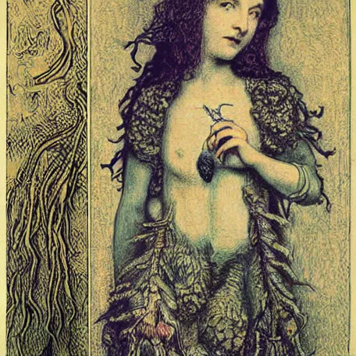 Image similar to a girl with a spider, colored woodcut, flat pastel colors, by Mackintosh, art noveau, by Ernst Haeckel, by Gustave Dorè