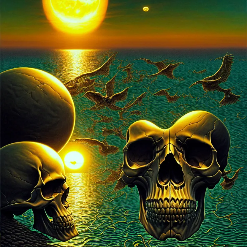 Image similar to a skull that is the sun rising just above the horizona over the sea by dan mumford and vladimir kush and donato giancola and ted withers and peter driben and brom and roberto ferri, green water, highly detailed, high contrast, intricate details, blended palette