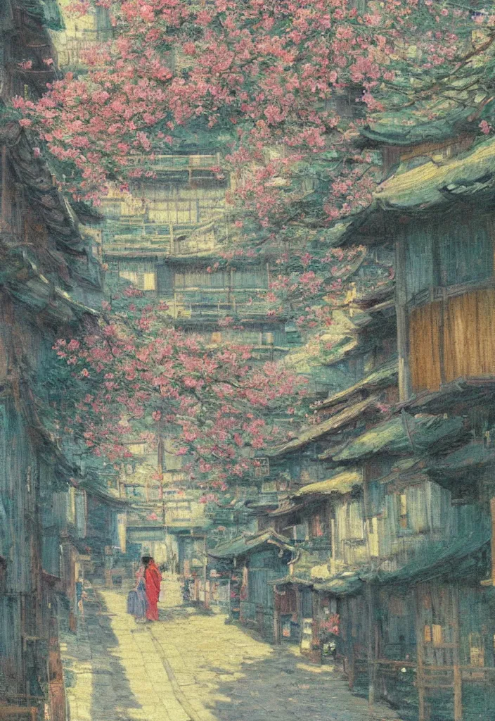 Image similar to a beautiful japanese city near the sea, amazing ryokans and gorgeous edo era houses, epic cyberpunk, lofi vibe, colorful, vivide colors, amazing light, really beautiful nature, oil painting in impressionist style, by jeremy lipkin, by claude monet, by makoto shinkai, multiple brush strokes, inspired by ghibli, masterpiece, beautiful