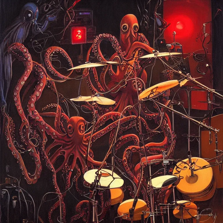 Image similar to a beautiful painting by gerald brom of a couple of octopus robots playing drums and telecaster guitar in an electronic concert, concert light, dark mood, warm lights