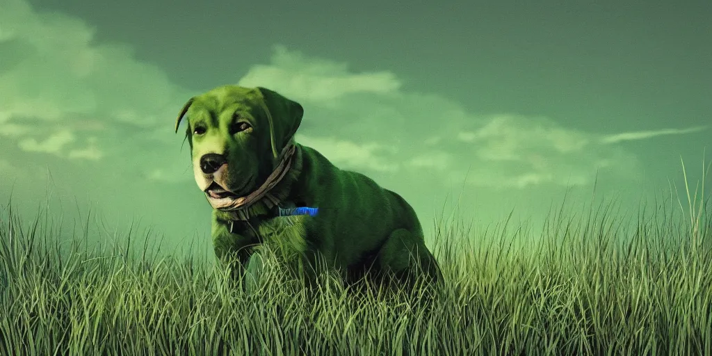 Prompt: hyperrealist, graphic novel illustration of a bulky green alien labrador retriever with shaggy green fur with green dye sitting in long grass, pulp 7 0's sci - fi vibes, 9 0's hannah barbara fantasy animation, cinematic, movie still, studio ghibli masterpiece