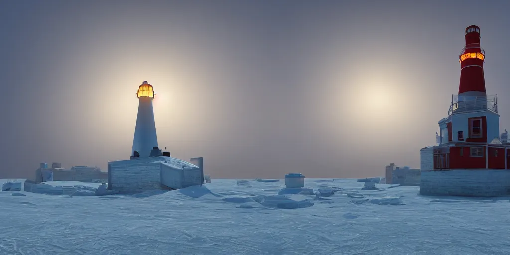 Prompt: epic huge soviet lighthouse in arctic, no frame, foggy, volumetric lighting, epic blue glow, by greg rutkowsky, shishkin and aivazovsky