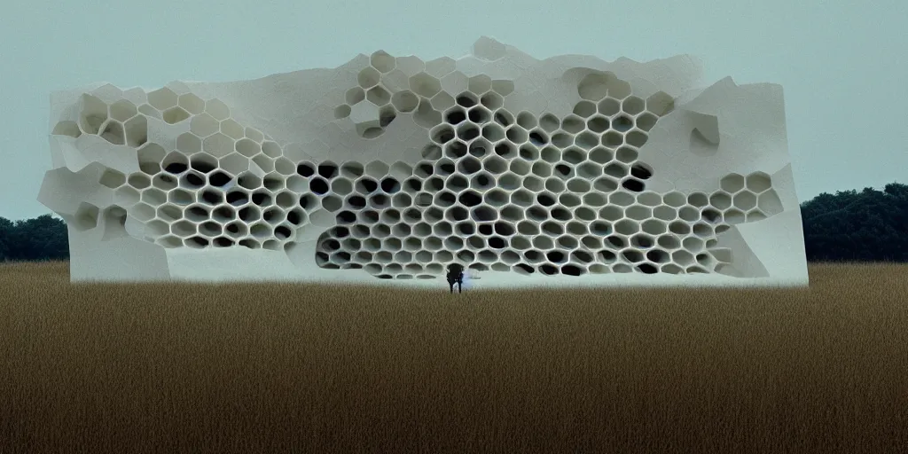 Image similar to real white honeycomb organic building sits in the landscape, film still from the movie directed by denis villeneuve aesthetic with art direction by zdzisław beksinski, telephoto lens, shallow depth of field