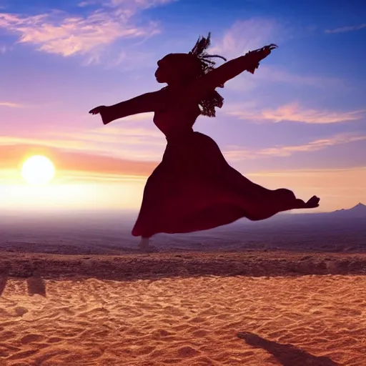 Image similar to cinematic still of silhouette of woman in Biblical clothing jumping for joy, beautiful middle eastern landscape with sunrise behind, Biblical epic movie directed by Steven Spielberg