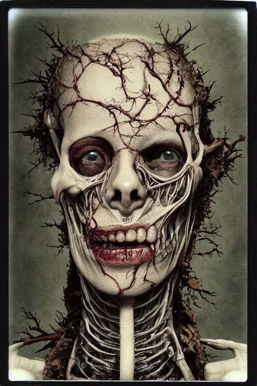 Prompt: an old polaroid photography of a very sad and detailed rotten woman corpse with fractal ornate growing around her face muscles, veins, arteries, bones, anatomical, skull, eye, ears, intricate, surreal, ray caesar, john constable, guy denning, dan hillier