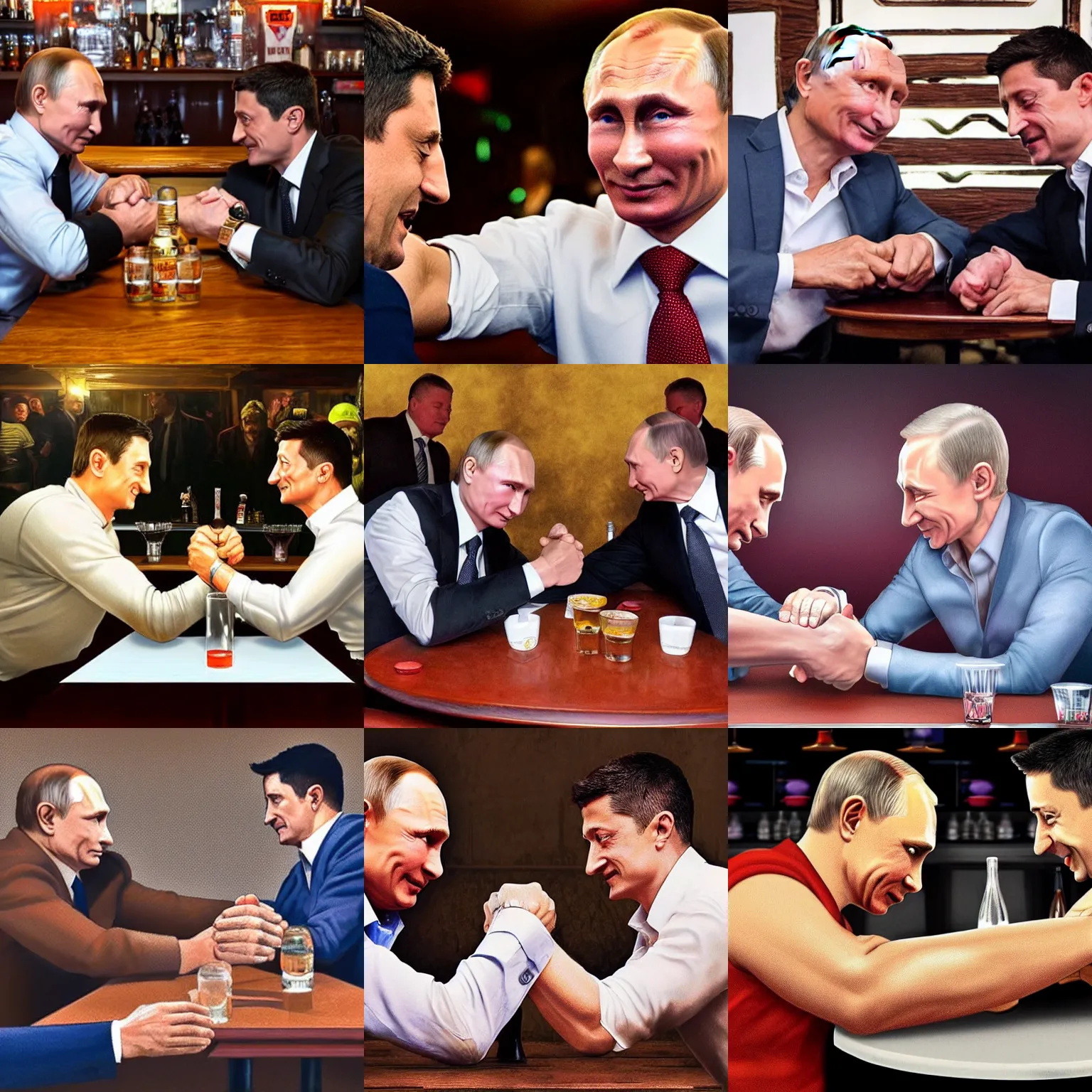 Prompt: vladimir putin and vladimir zelensky arm wrestling in a bar, photorealistic, highly detailed, detailed faces