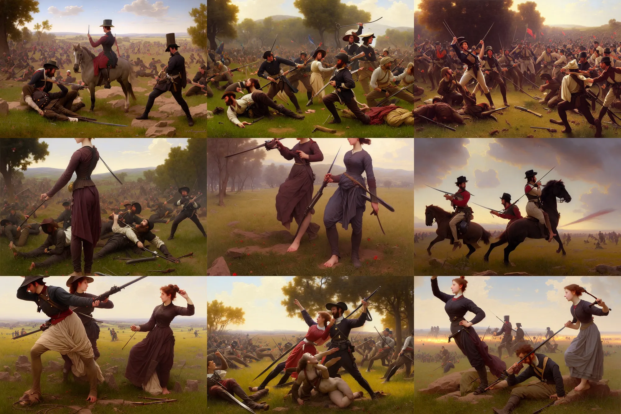 Prompt: depiction of battle of gettysburg, illustration by mandy jurgens and william adolphe bouguereau, artgerm, 4 k, digital art, surreal, highly detailed, artstation, digital painting, concept art, smooth, sharp focus, illustration by mandy jurgens and william adolphe bouguereau