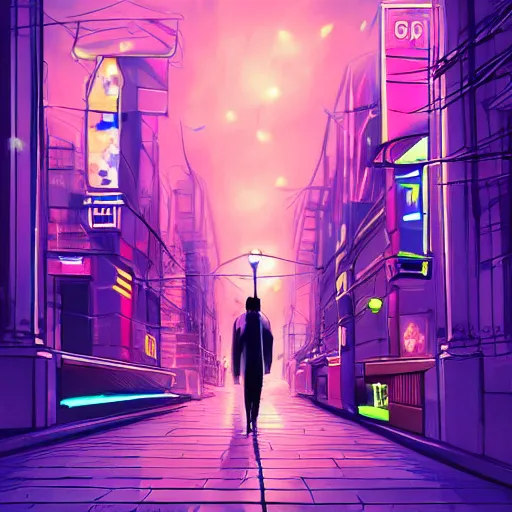 Prompt: A loan cat is walking in a beautiful neon city at night time, artistic digital art, trending on art station, extremely detailed, symmetrical