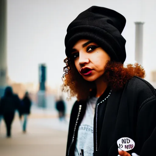 Prompt: Photograph of a mixed woman smoking, wearing a black beanie and black bomber jacket, urban environment, depth of field, 4k, 8k, hd, sigma 85mm f/1.4