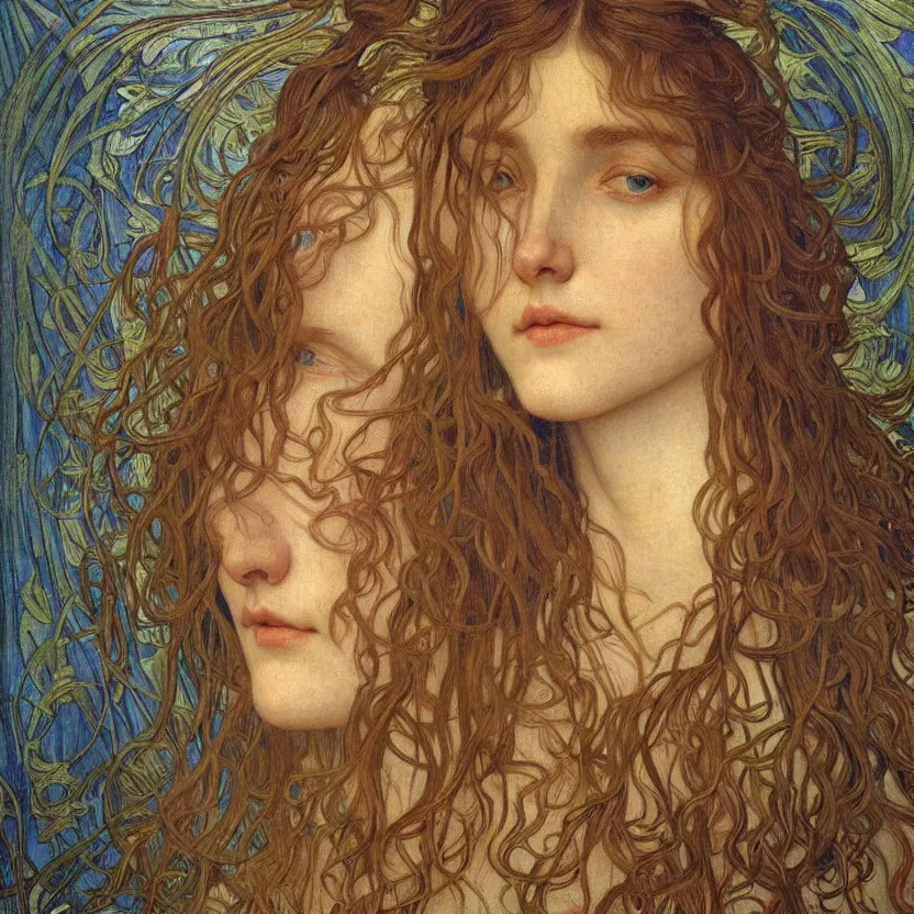 Image similar to detailed realistic beautiful young medieval queen face portrait by jean delville, alphonse mucha, vincent van gogh, and marco mazzoni, art nouveau, symbolist, visionary, gothic, pre - raphaelite