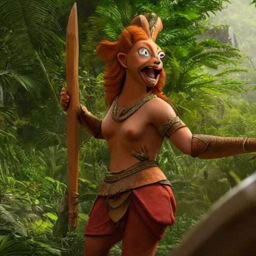 Prompt: a ginger dwaven women wielding a hammer and shield emerges from a hostile jungle. Before her lays an awesome floating mountain in the shape of a human heart. 4k realism