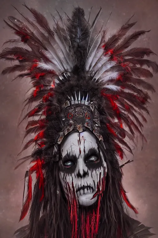 Image similar to the ghost - spirit of the grim - warpaint wears the scarlet skull armor and native blood headdress feathers, midnight fog - mist!, dark oil painting colors, realism, cinematic lighting, various refining methods, micro macro autofocus, ultra definition, award winning photo