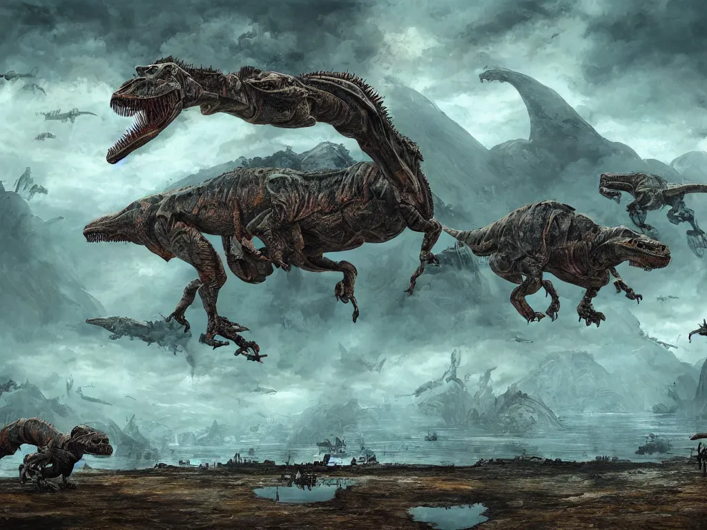 Prompt: A hyperrealistic illustration of a cyborg dinosaur battle in a strange landscape with a toxic steaming lake, by Enki Bilal, Anato Finnstark, award-winning, masterpiece, extreme detail, sharp focus
