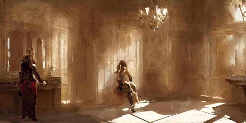 Image similar to in the bathroom of an incredible palace with the beautiful Natalia Vodianova, Craig Mullins, matte painting, artstation