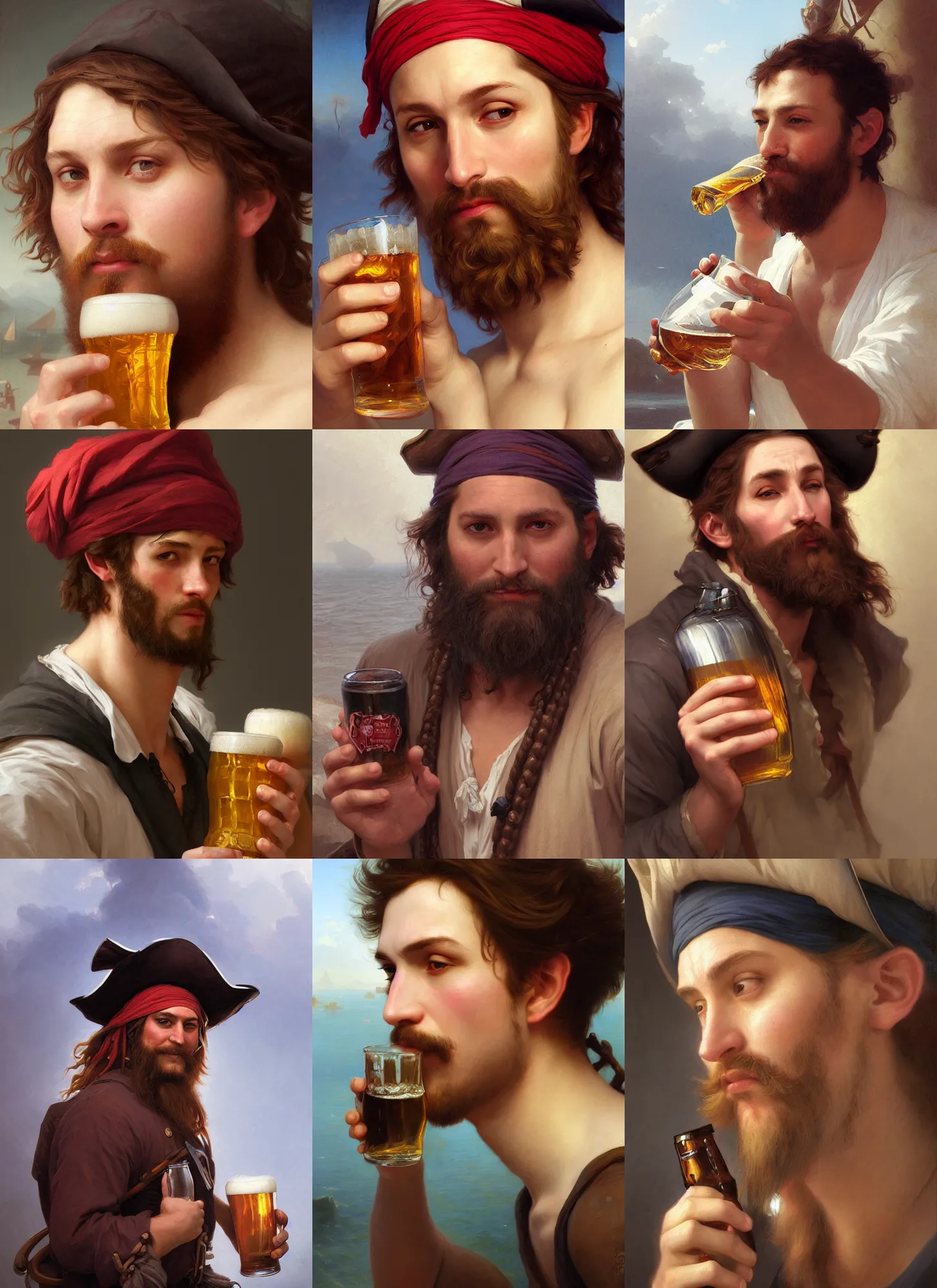 Prompt: head and shoulder of a pirate drinking a beer, illustration by mandy jurgens and william adolphe bouguereau, artgerm, 4 k, digital art, surreal, highly detailed, artstation, digital painting, concept art, smooth, sharp focus, illustration by mandy jurgens and william adolphe bouguereau