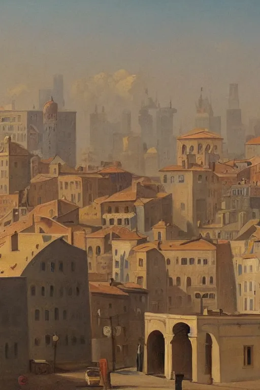 Prompt: painting of view of old European city with mix of vicotris houses and middle eastern architecture fusion, photoreal, sunlit morning smog , painting by Charles Leickert , old master painting