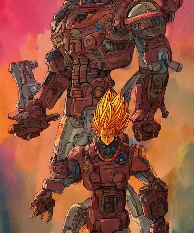 Image similar to a watercolor painting full body character portrait of a cyborg super saiyan warrior / soldier in the style of moebius in the style of cyberpunk trending on artstation deviantart pinterest detailed realistic hd 8 k high resolution