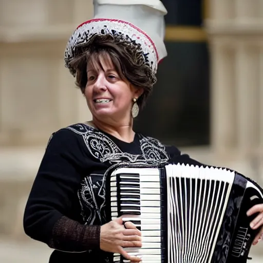 Prompt: realistic photograph of Luciana Littizzetto playing the accordion for Pope Francis, 2019, afternoon