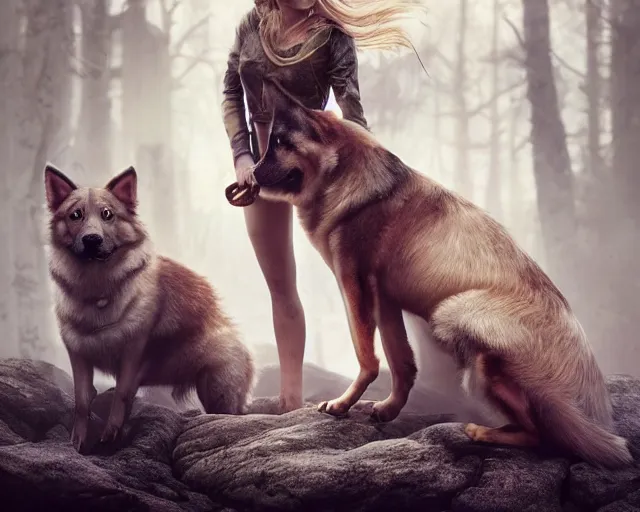Prompt: epic cinematic shot of beautiful scandinavian woman with symmetrical face stunning eyes and long blonde hair playing with german shephard dog, weta disney pixar, hi - fructose, decadent highly - detailed digital painting, golden ratio, octane render, artstation, cinematic composition, smooth, sharp focus, artgerm, mucha, loish, wlop hdr