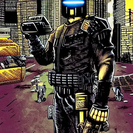 Image similar to judge dredd, megacity one police officer, crosshatch gritty cyberpunk run down city