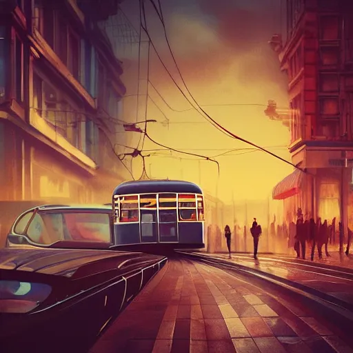 Image similar to retro futuristic vintage cars, buses, trams, street scene, atmospheric lighting, painted, intricate, volumetric lighting, beautiful, daytime, sunny weather, slight overcast, sharp focus, deep colours, ultra detailed, by leesha hannigan, ross tran, thierry doizon, kai carpenter, ignacio fernandez rios