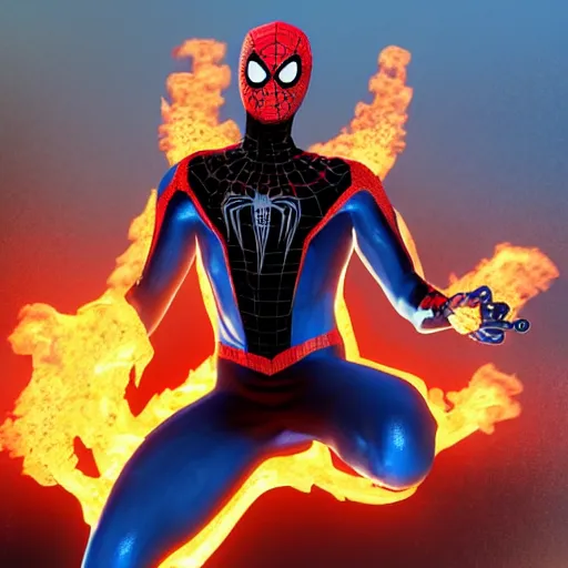 Image similar to spider - man as ghost rider, flaming skull, cgi style