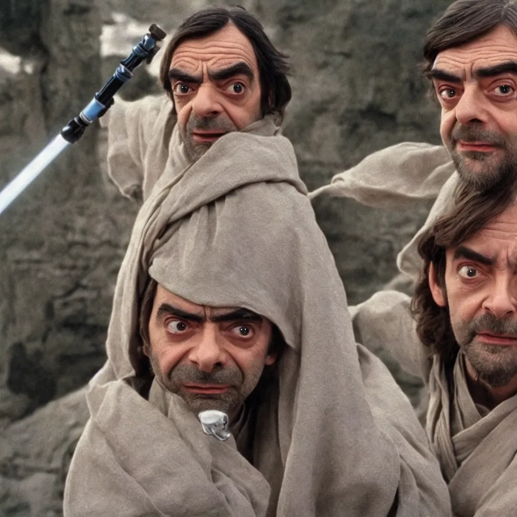 Image similar to Still of Mr. Bean as jedi master Obiwan kenobi!!!!. in Star Wars (1977). detailed eyes. medium shot, technicolor. light saber