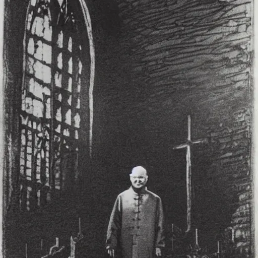 Image similar to john paul ii standing in a burning protestant church, night, pitch black