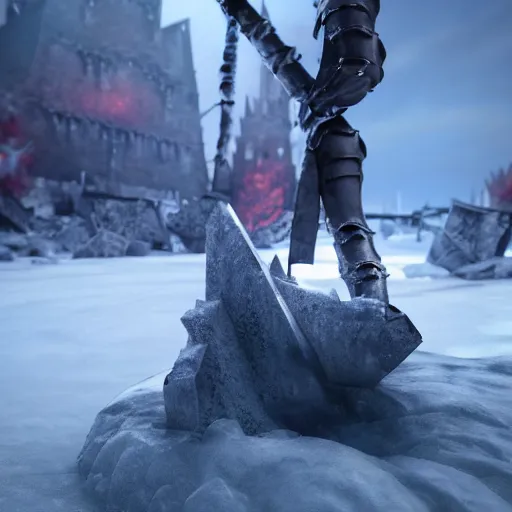 Image similar to ice spikes are summoned from the ground by magic, a group of knights in plate - armor gets impaled by bloody spikes, death on the spot, gloomy lights in the sky, octane render, unreal engine