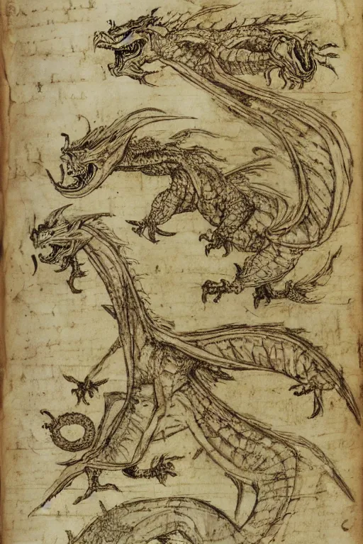 Image similar to manuscript page with diagrams of dragons by leonardo da vinci, sketches, scientific studies, anatomy studies, academic art, intricate