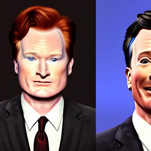 Prompt: photo portrait of the lovechild of conan o'brien, stephen colbert, jimmy kimmel, jimmy fallon, and seth meyers, realistic, hyperrealistic, 8 k resolution, hd quality, very detailed, highly detailed, intricate details, real life, real world, trending on artstation, digital art, really realistic, very realistic, headshot, head in frame, photograph, portrait