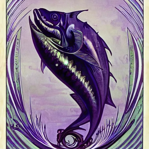 Prompt: a single fantasy deep sea fish that is heavily armored, with disproportionately huge wide spined pectoral fins, six large black eyes, and complex markings it is swimming in a purple deep landscape with jagged rocks by alphonse mucha and brian froud