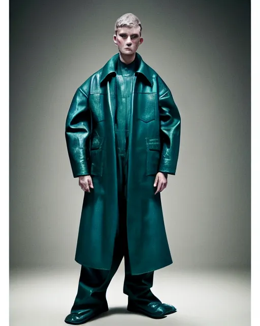 Prompt: an award - winning editorial photo of a teal cropped extremely baggy ancient medieval designer menswear leather jacket with an oversized large collar and baggy bootcut trousers designed by alexander mcqueen, 4 k, studio lighting, wide angle lens