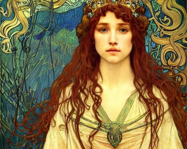 Image similar to detailed realistic beautiful young medieval queen face portrait by jean delville, alphonse mucha, vincent van gogh, and marco mazzoni, art nouveau, symbolist, visionary, gothic, pre - raphaelite
