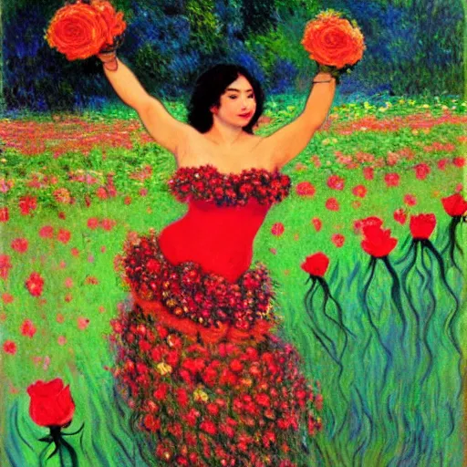 Image similar to beautiful tan mexican woman, full body, dancing in a field of roses and many other exotic flowers, prominent rosy cheek bones, black hair and brown eyes, monet and da vinchi art style,