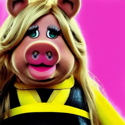 Prompt: Miss Piggy in yellow motorcycle suit swordfighting, Kill Bill, photo, 4k, detailed