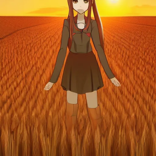 Image similar to digital illustration of Holo from Spice and Wolf standing in a wheat field at sunset, key visual