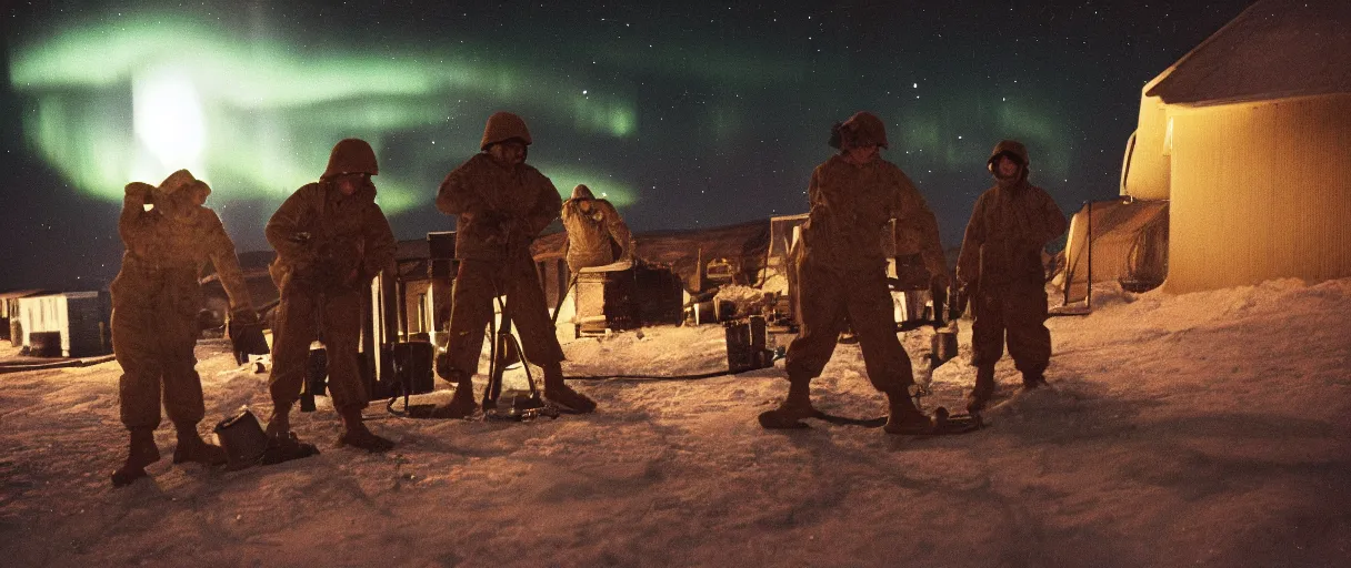 Image similar to a high quality color creepy atmospheric dimly lit closeup film 3 5 mm depth of field photograph of us soldiers pouring cans of gasoline along the perimeter of homes in mcmurdoch station in antarctica in 1 9 8 2 with the aurora borealis in the sky at night