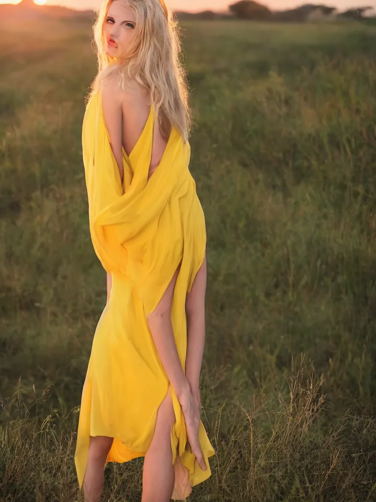 Image similar to fashion magazine portrait, 22yo blonde model, yellow dress, sunset, backlit hair, by lake