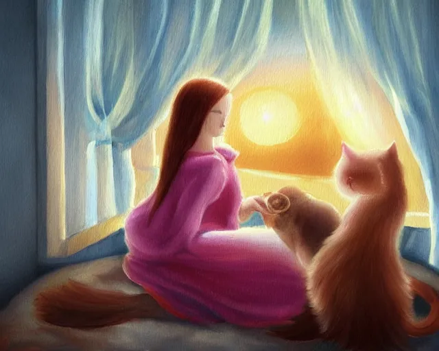 Image similar to a beautiful warm fuzzy painting of a woman curled up with a blanket, petting a cat who is purring with eyes closed. they are both sitting next to a window watching the sun set in winter, by anne stokes, trending on artstation, concept art, lofi, digital illustration