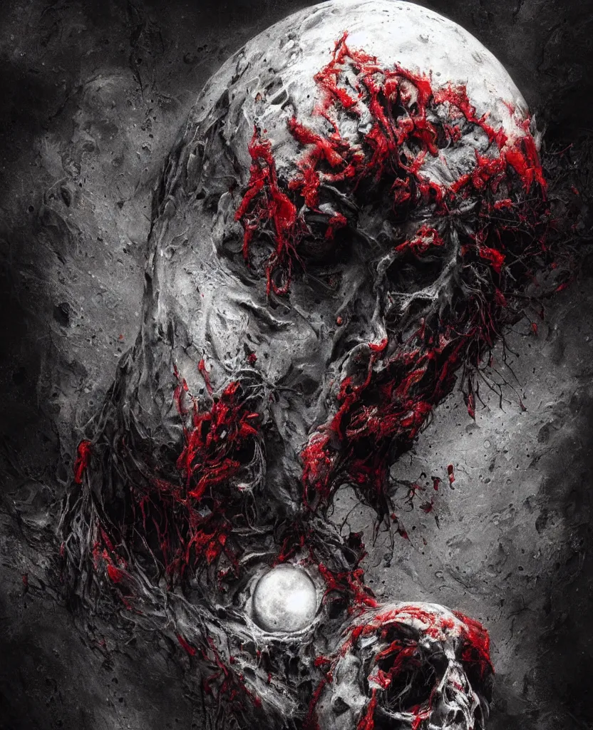 Image similar to moon made from thousands of rotten demonic bloody corpses of Nicolas Cage, body horror, flesh, blood, grotesque hell, highly detailed, vivid colors, dark shadows, contrast, concept art, sharp focus, digital art, Hyper-realistic, 4K, Unreal Engine, Highly Detailed, Dramatic Lighting, Beautiful, by Brom, bastien lecouffe-deharme