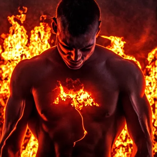 Image similar to a muscular man walking through flames. His skin is charcoal. His eyes are coals. His bones are exposed