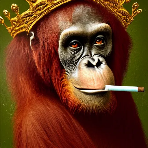 Prompt: a royal medieval portrait painting of an orangutan wearing a crown and smoking a cigarette, 4 k, hyper realistic, dslr, landscape, high resolution, painting,