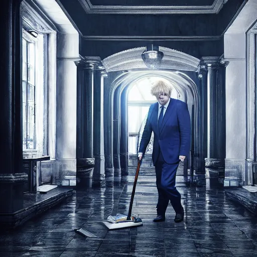 Prompt: Boris Johnson with Janitors body, realistic artstyle, wide shot, dramatic lighting, octane render, hyperrealistic, high quality, highly detailed, HD, beautiful, cinematic, 8k, unreal engine, facial accuracy, symmetrical