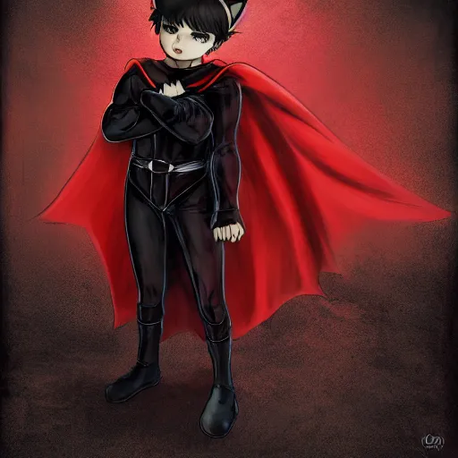 Image similar to little boy with cat ears in an black latex suit with red cape. digital artwork made by lois van baarle and kentaro miura, sharpness focus, anatomically correct, heroic composition, hero pose