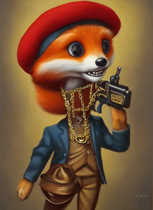 Prompt: a painting of an anthro fox wearing a beret and gold chains and brandishing a pistol, an ultrafine detailed painting by Mark Ryden, trending on deviantart, pop surrealism, whimsical, lowbrow, grotesque